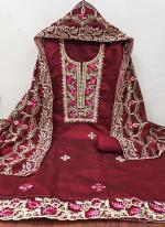 Chanderi Maroon Traditional Wear Embroidery Work Dress Material